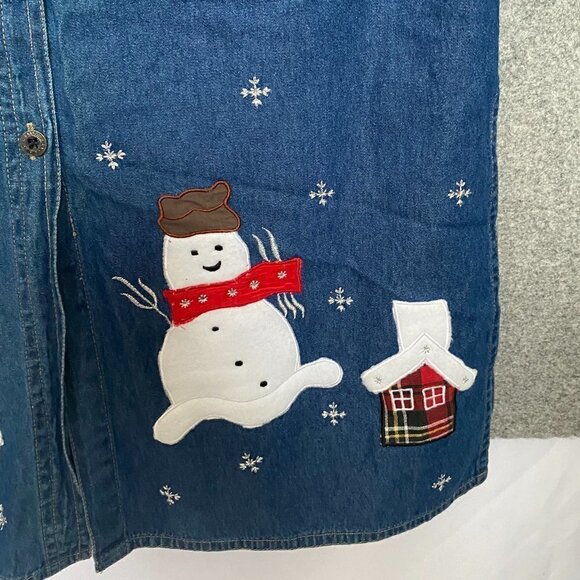 MPH Collection Blue Jean Maxi Dress Button Down Christmas Design Snowmen Size S - Picture 6 of 11